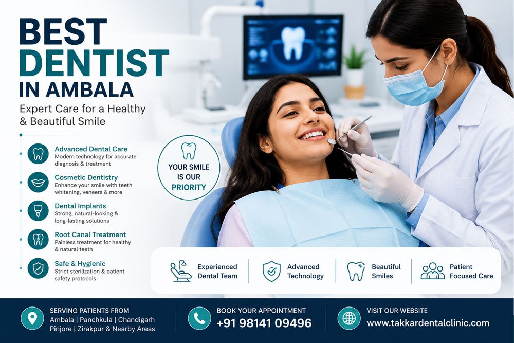 Best Dentist in Ambala providing advanced dental care, cosmetic dentistry and complete oral treatment at Takkar Dental Clinic.